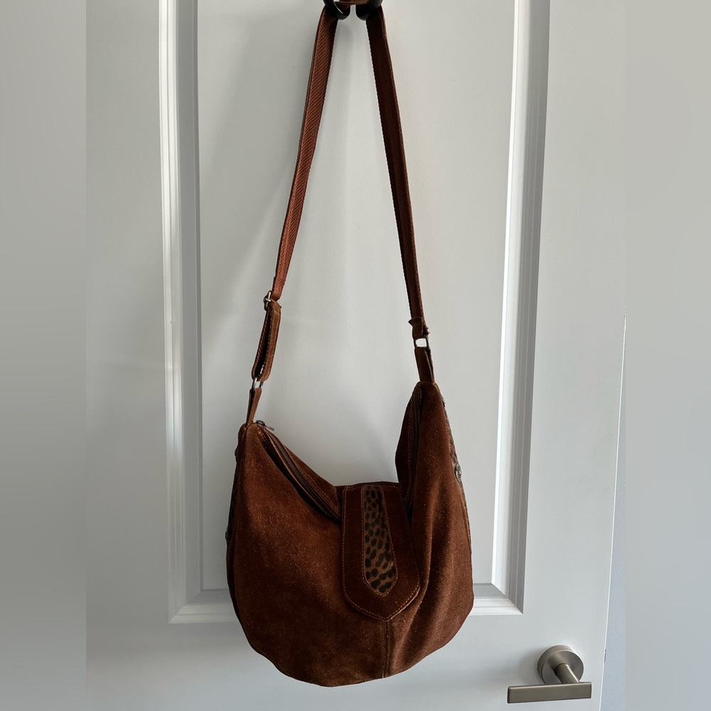 Italian Brown Suede Boho Crossbody Bag with Leopard Fur Accent - Picture 2 of 16
